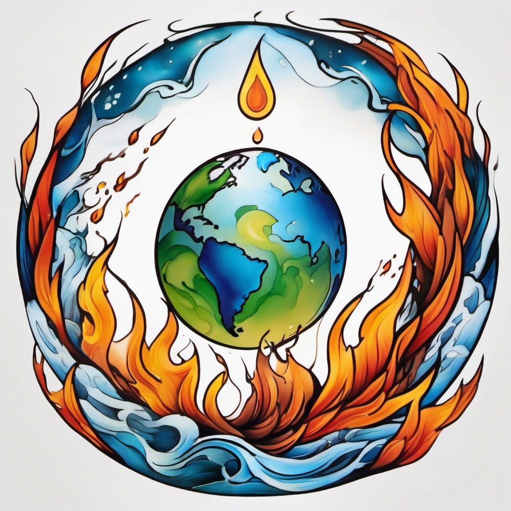 earth fire water tattoo  simple color tattoo,white background