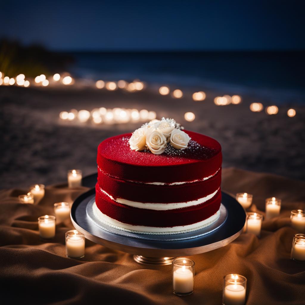 wedding red velvet cake by the moonlit beach: imagine a red velvet wedding cake with cream cheese frosting, positioned on a sandy shore under a starry night sky. 