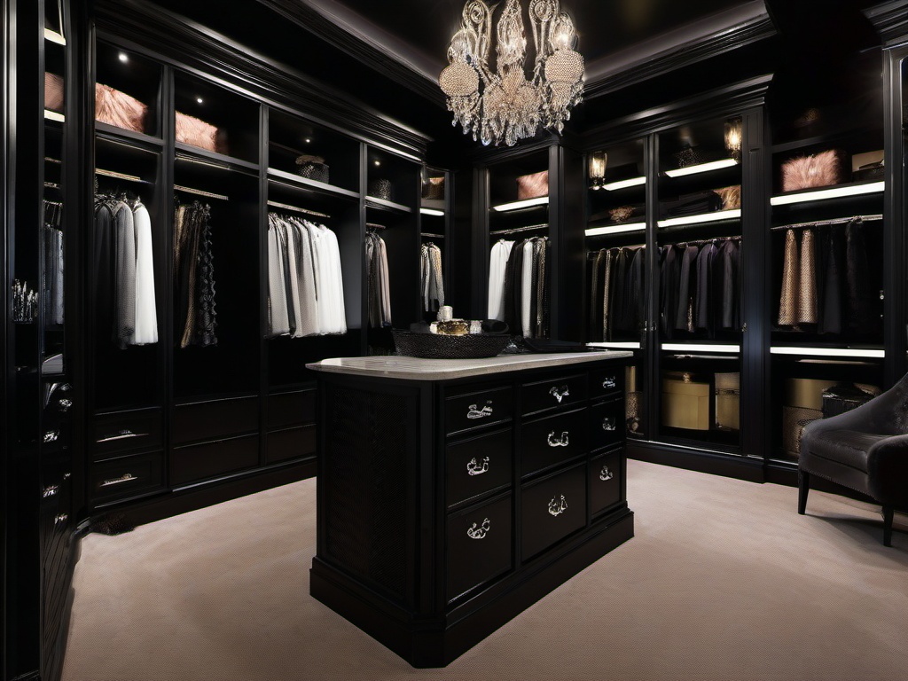 In the walk-in closet, Gothic interior design includes ornate storage solutions, rich fabrics, and dramatic lighting that create a stylish and organized dressing area.  