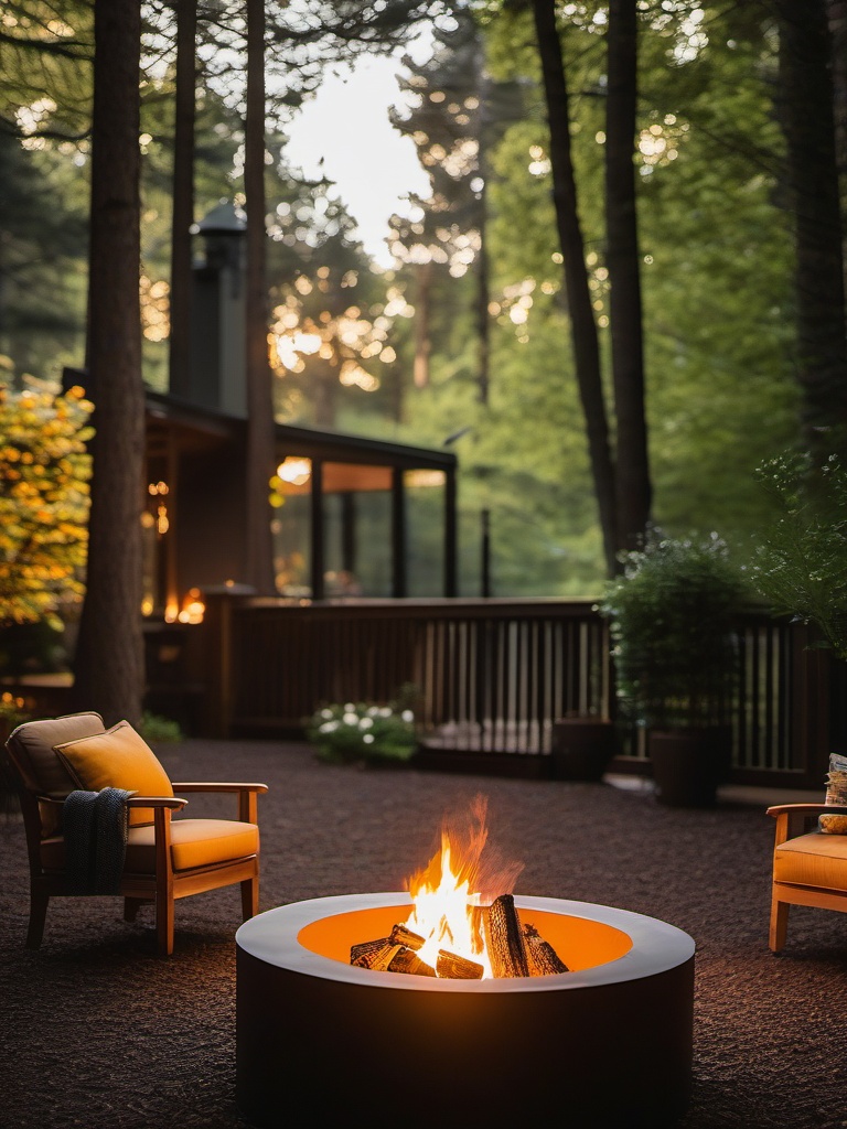 Woodland Backyard Retreat - Woodland backyard retreat with a wood-burning fire pit and forest-like landscaping. realistic, professional photography, bokeh, natural lighting, canon lens, shot on dslr 64 megapixels sharp focus