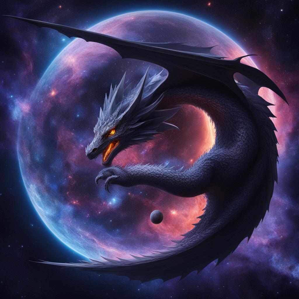 void dragon drifting through the cosmic void, surrounded by swirling galaxies and mysterious cosmic phenomena. 