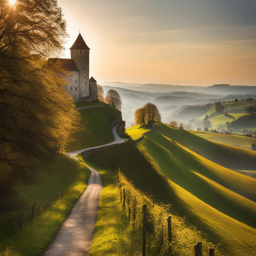 secrets of aargau's castle trail - illustrate the secrets of aargau's castle trail, featuring medieval fortresses and scenic countryside. 