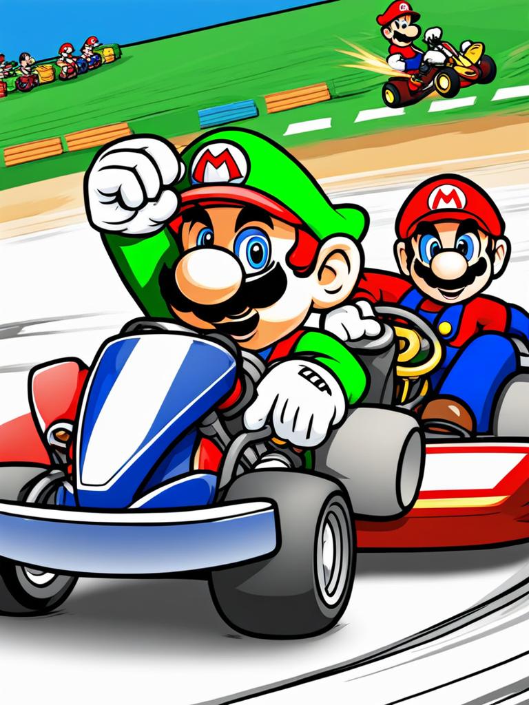 mario coloring pages - mario and luigi race go-karts in an exciting competition. 