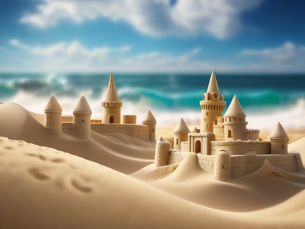 Sandcastles and playful waves close shot perspective view, photo realistic background, hyper detail, high resolution