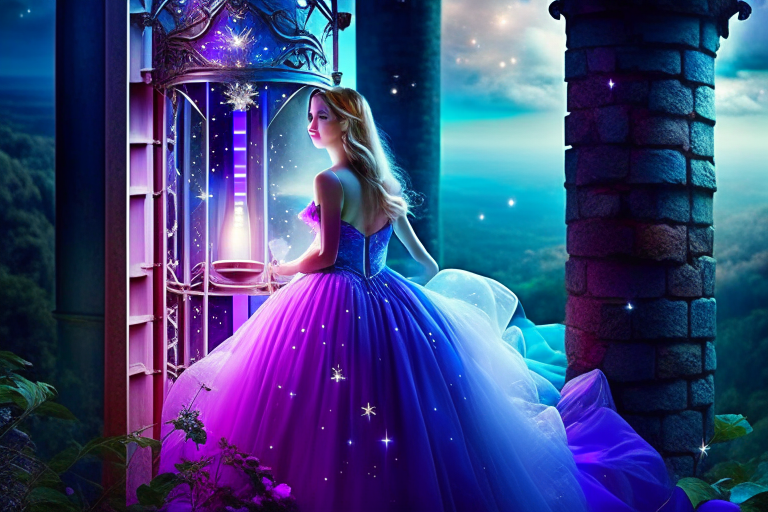 fairy tale princess in a sparkling gown, awaiting rescue from her tower prison. 