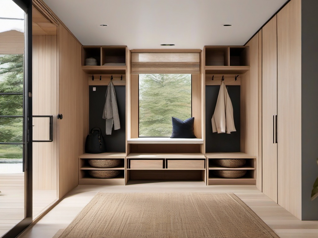 A mudroom designed with Japandi interior design includes practical storage solutions, natural textures, and minimalist decor that combine functionality with understated elegance.  