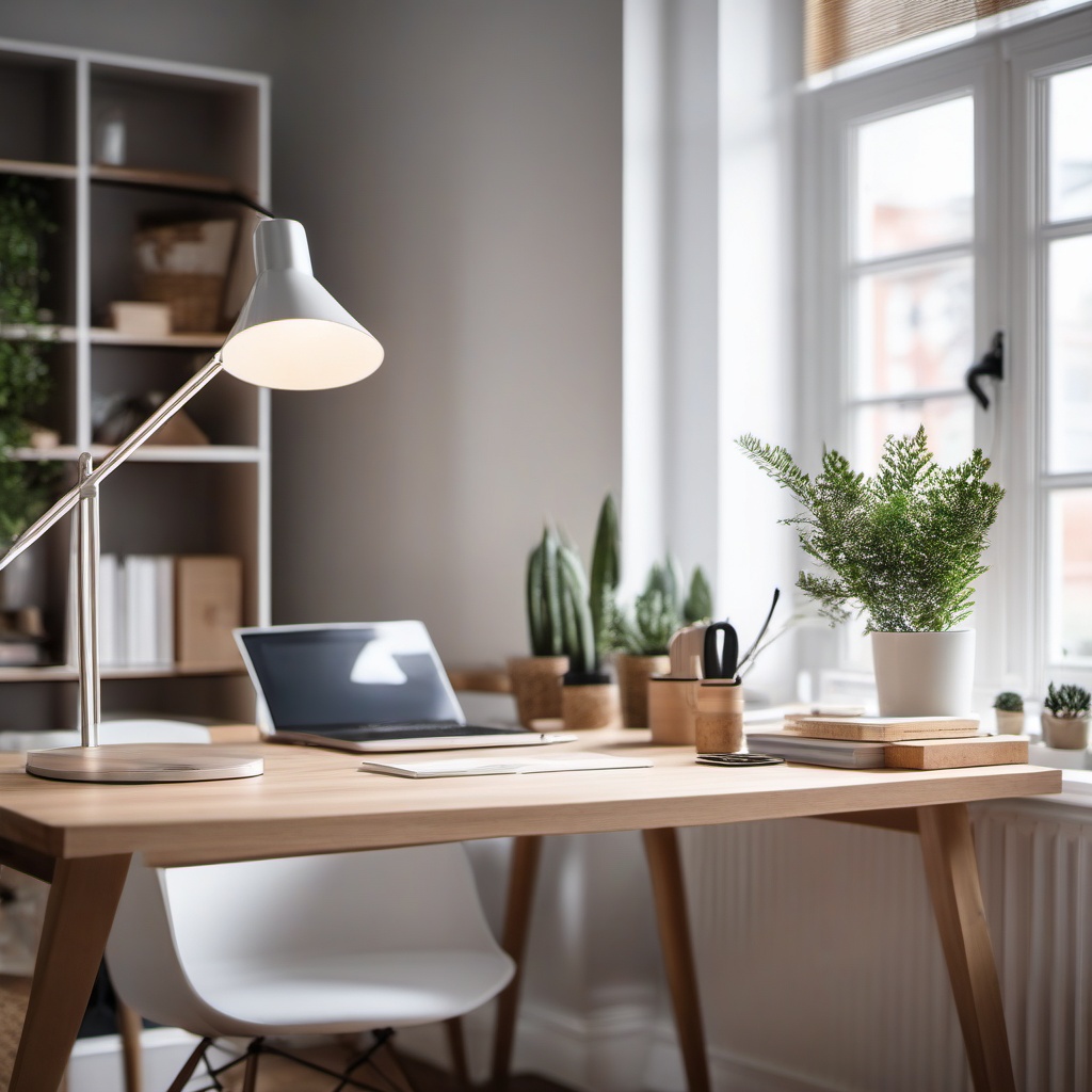 Scandinavian Home Office - Scandinavian home office with clean lines and natural materials. realistic, professional photography, bokeh, natural lighting, canon lens, shot on dslr 64 megapixels sharp focus