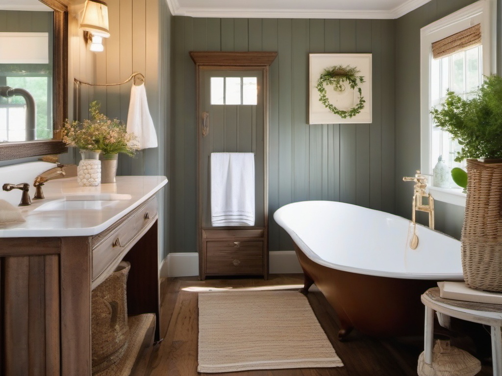 Cottage small bathroom features cozy linens, vintage accents, and charming decor, creating a quaint and inviting atmosphere for relaxation.  