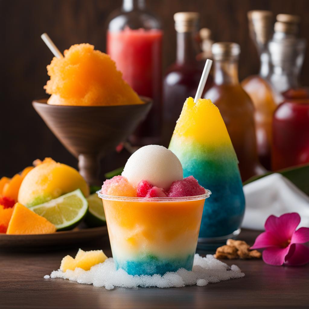 hawaiian shave ice, a frozen treat with flavored syrups and ice shavings. 