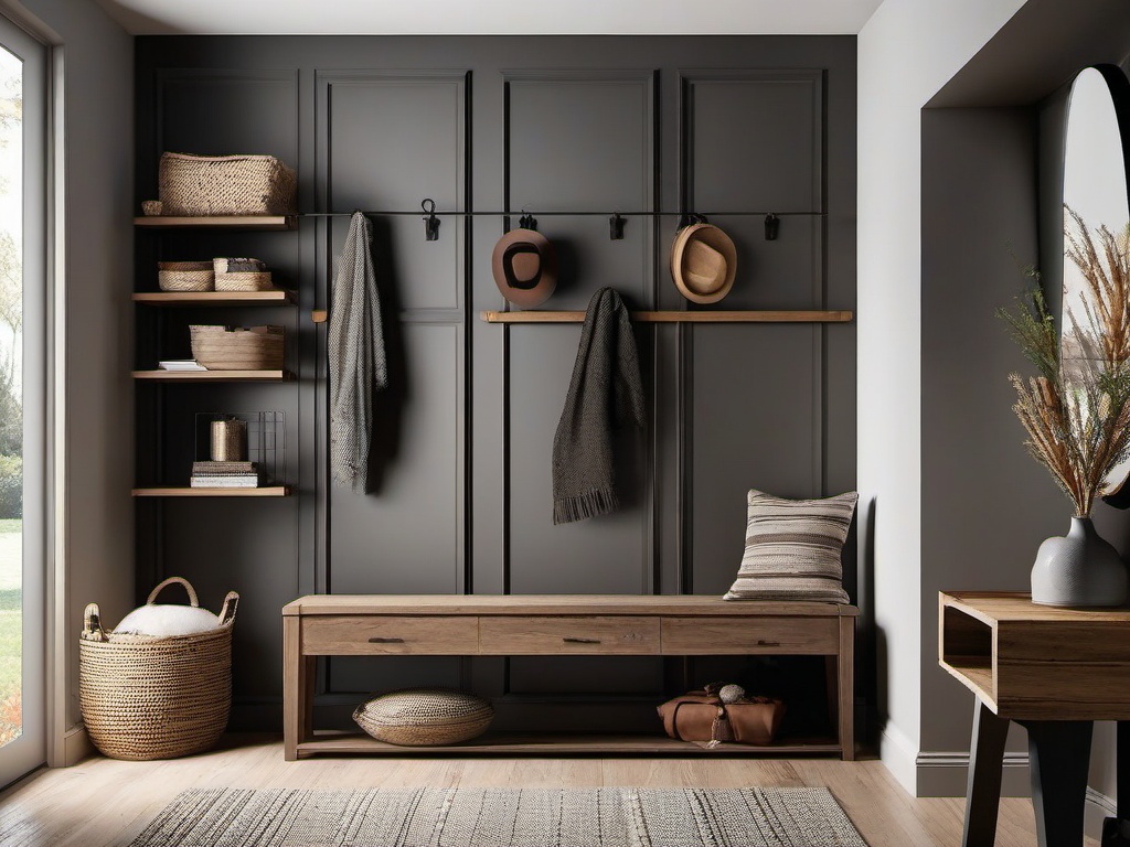 Modern Rustic entryway combines sleek furniture with rustic wood accents and warm textiles, creating a stylish yet inviting space for guests.  