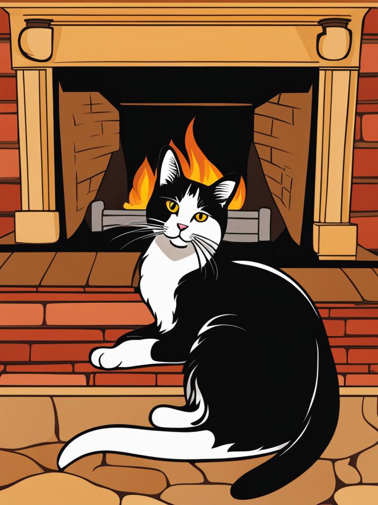 cat clip art,purring contentedly by a crackling fireplace 