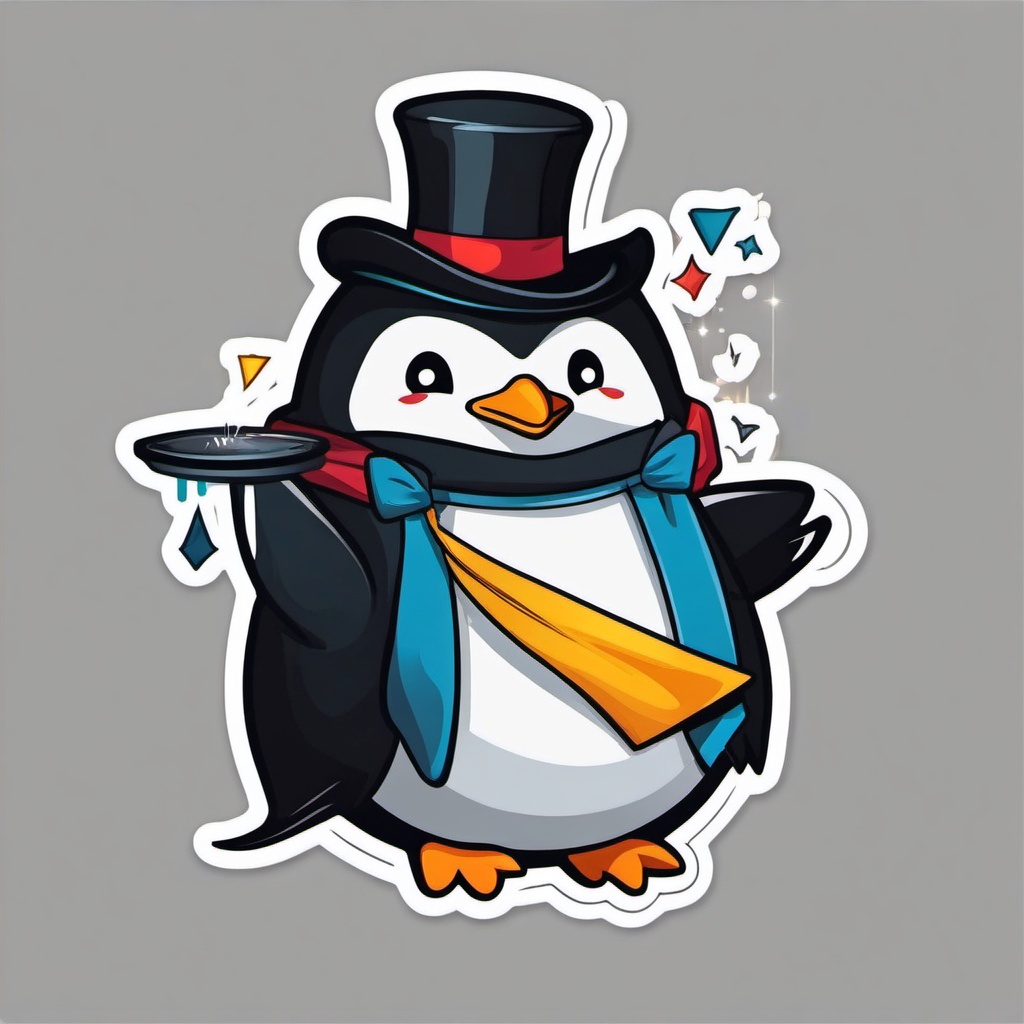 Penguin Magician Sticker - A penguin dressed as a magician, performing tricks. ,vector color sticker art,minimal