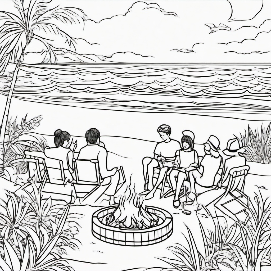 Summer Coloring Pages - Beach bonfire with friends enjoying a summer night  simple coloring pages