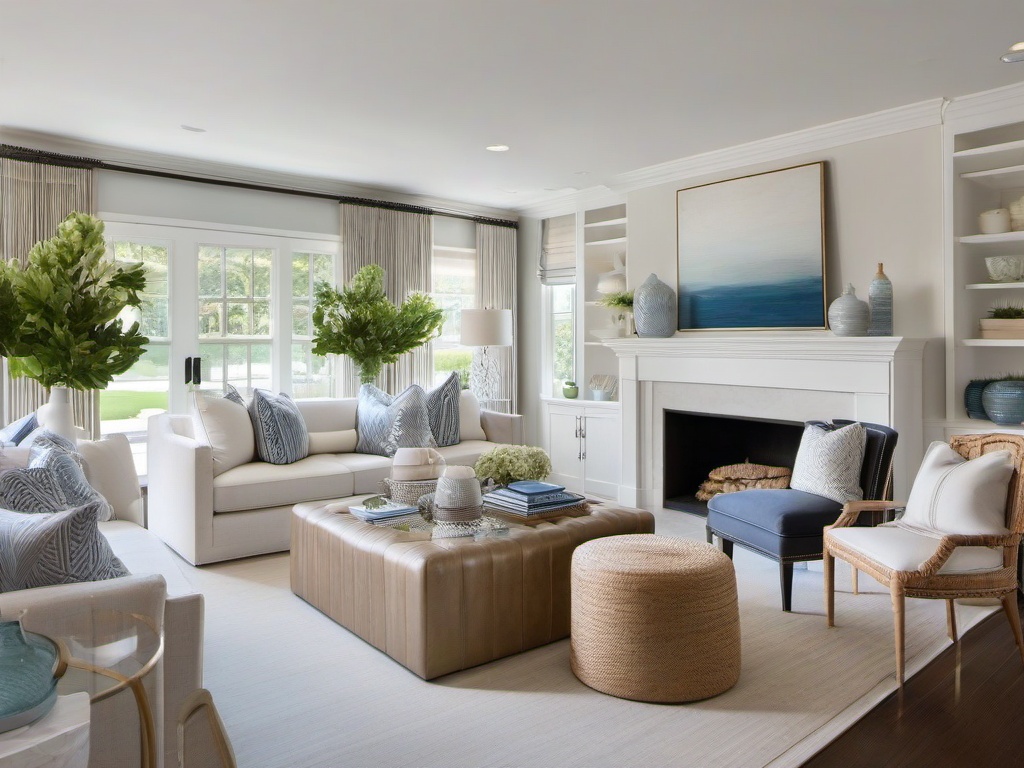 Hampton interior design in the living room features soft color palettes, natural textures, and elegant furnishings that create a relaxed yet sophisticated atmosphere.  