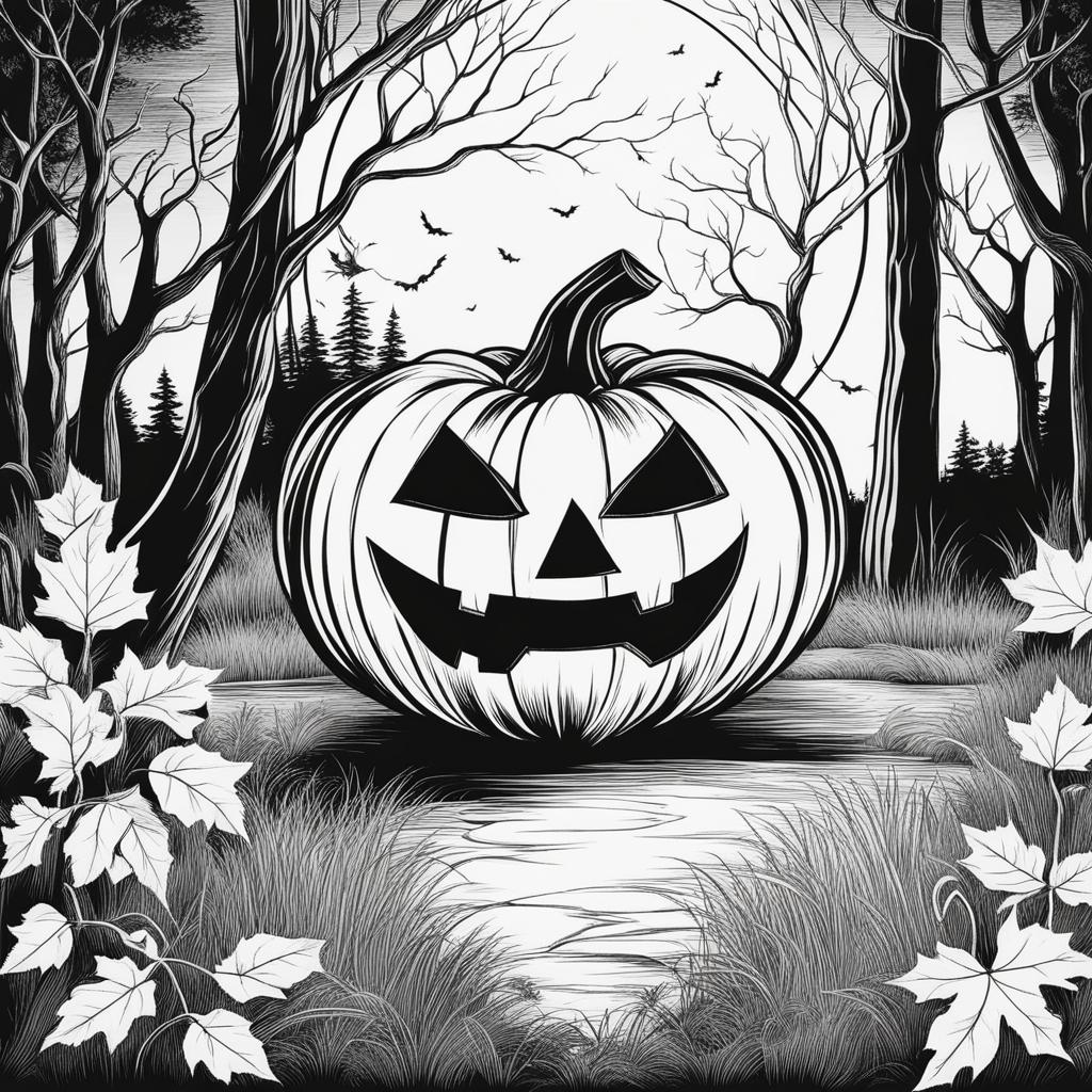 pumpkin coloring pages - a carved pumpkin glows mysteriously in a moonlit forest. 