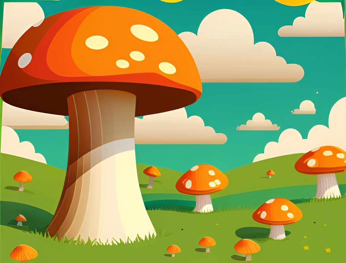 many orange mushrooms with yellow spot grow on green plain with blue sky and white clouds  , vector illustration, clipart 