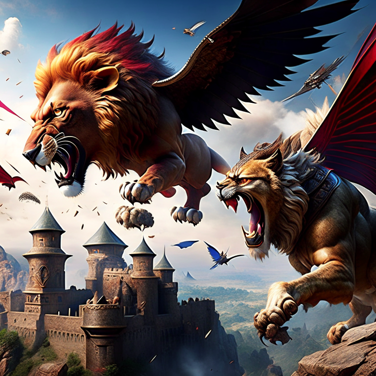 manticore vs griffin - fierce creatures engage in a high-flying battle above an ancient citadel, barbed tails and lion-like roars clashing. 