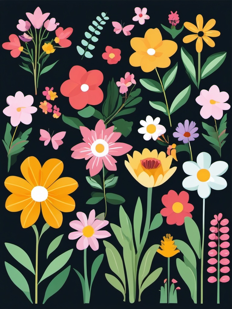 Spring Flowers Clipart,Illustrating a springtime floral garden  simple, 2d flat