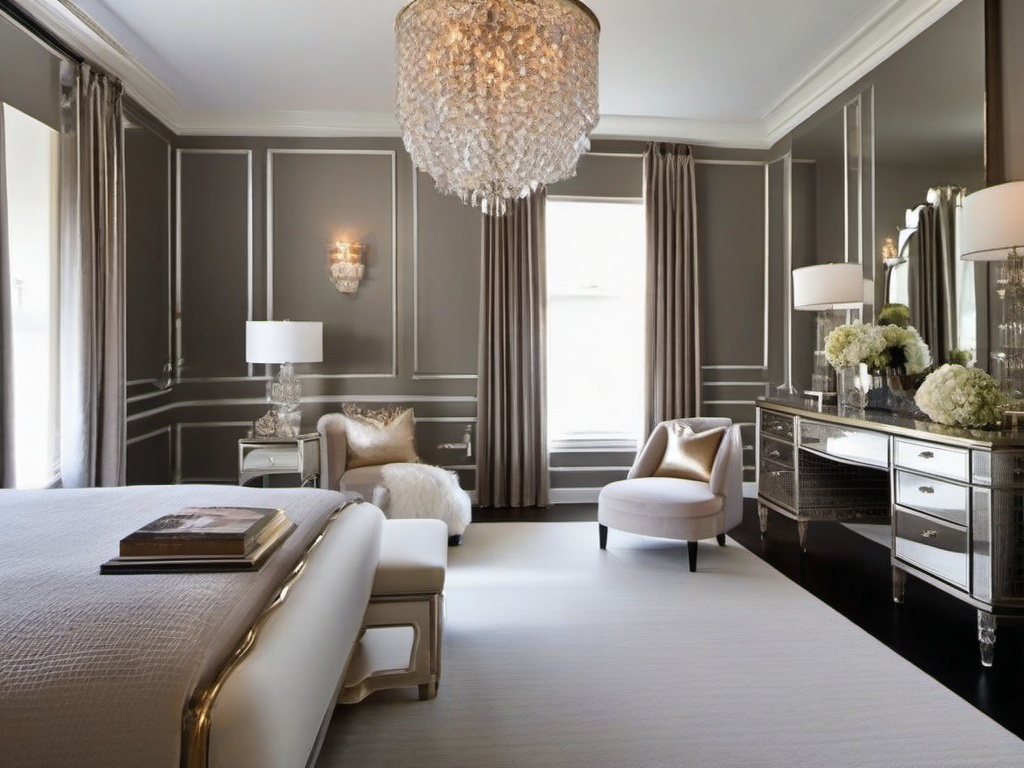 Hollywood Regency-style bedroom with glamorous finishes and mirrored furniture.  