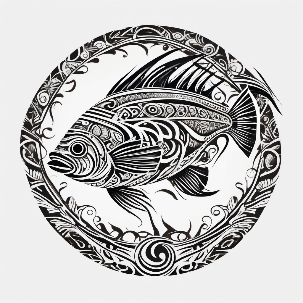 Tribal Fish Tattoo,a tribal-style fish tattoo, representing the enduring connection between nature and culture. , tattoo design, white clean background