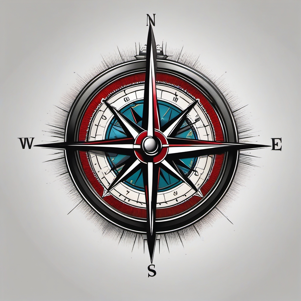 Bullet piercing through a compass rose tattoo. Direction in impact.  color tattoo design, white background