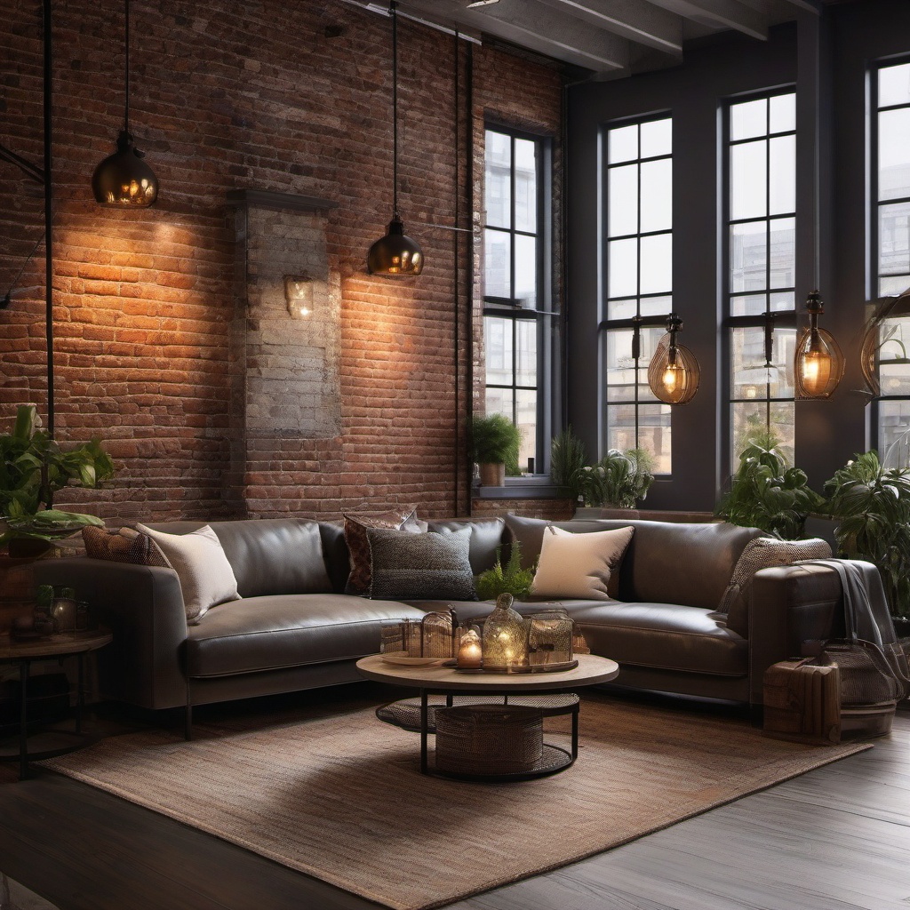 Urban Chic Living Room - Urban chic space with exposed brick and industrial lighting. realistic, professional photography, bokeh, natural lighting, canon lens, shot on dslr 64 megapixels sharp focus