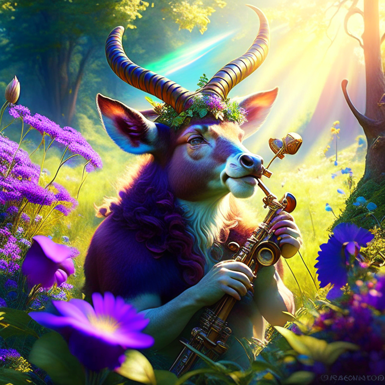 pan, the mischievous god of the wild, playing his pipes in a sun-dappled meadow. 