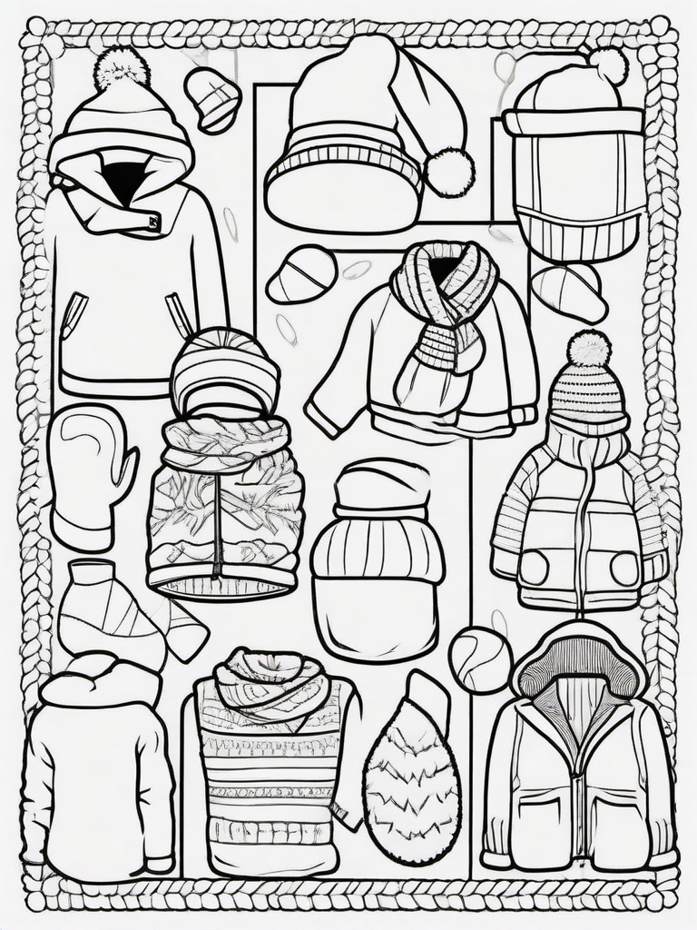 Winter Clothes Coloring Pages - Scarves, Mittens, and Warm Winter Wear  minimal black outline printable sheet, coloring page