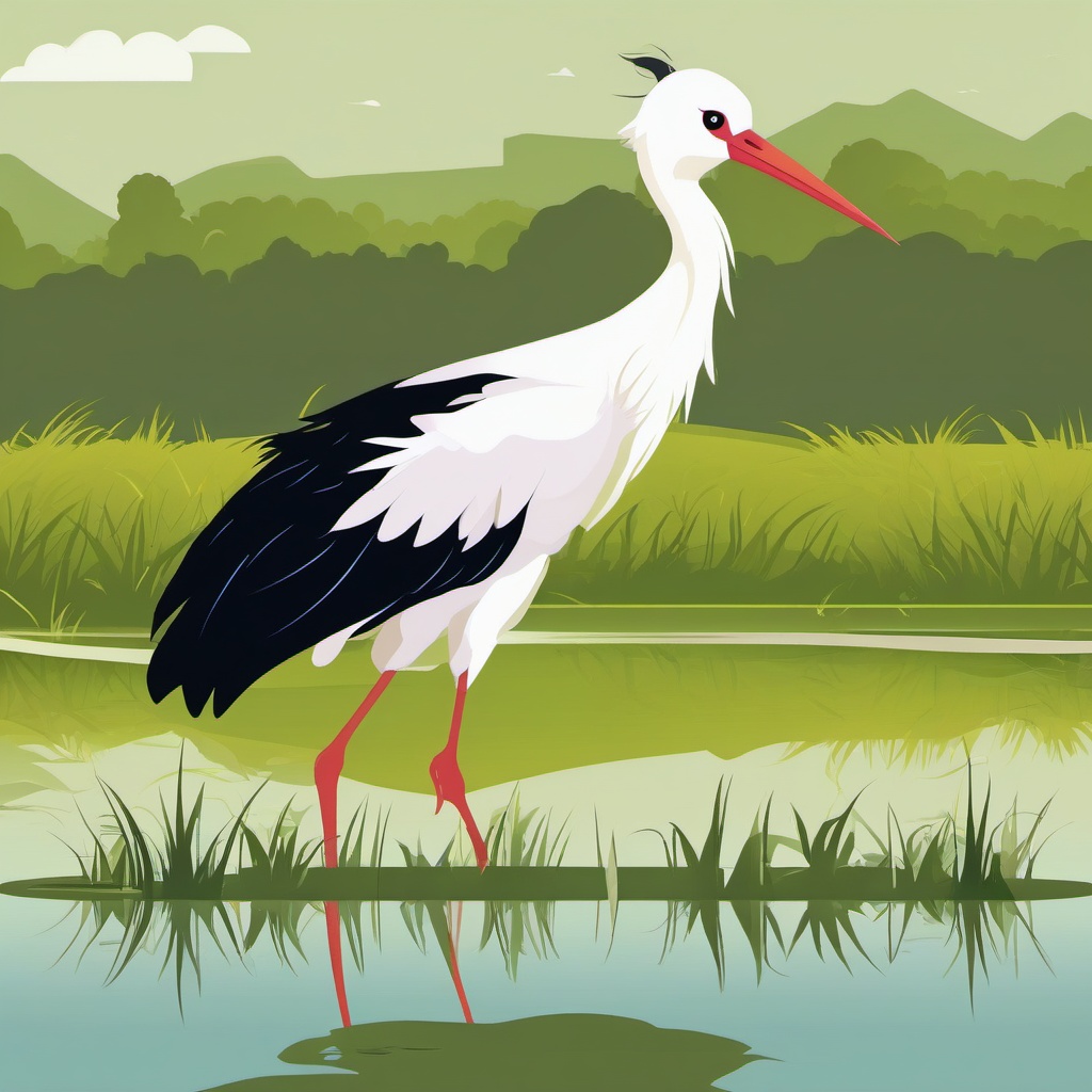 Stork Clipart - Stork standing on one leg in a grassy wetland , minimal, 2d