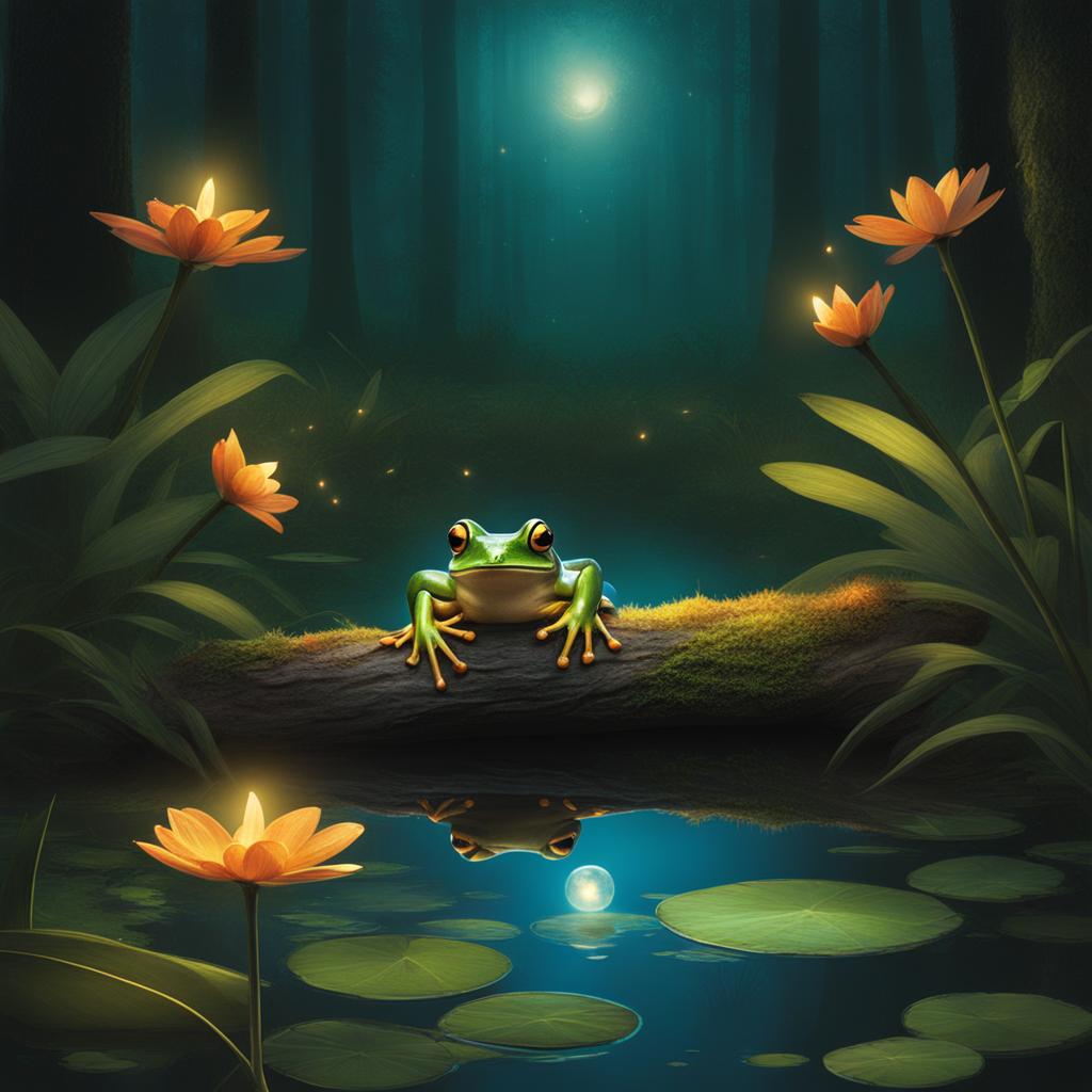 capture the essence of a mystical swamp with a magical frog conducting firefly symphonies. 