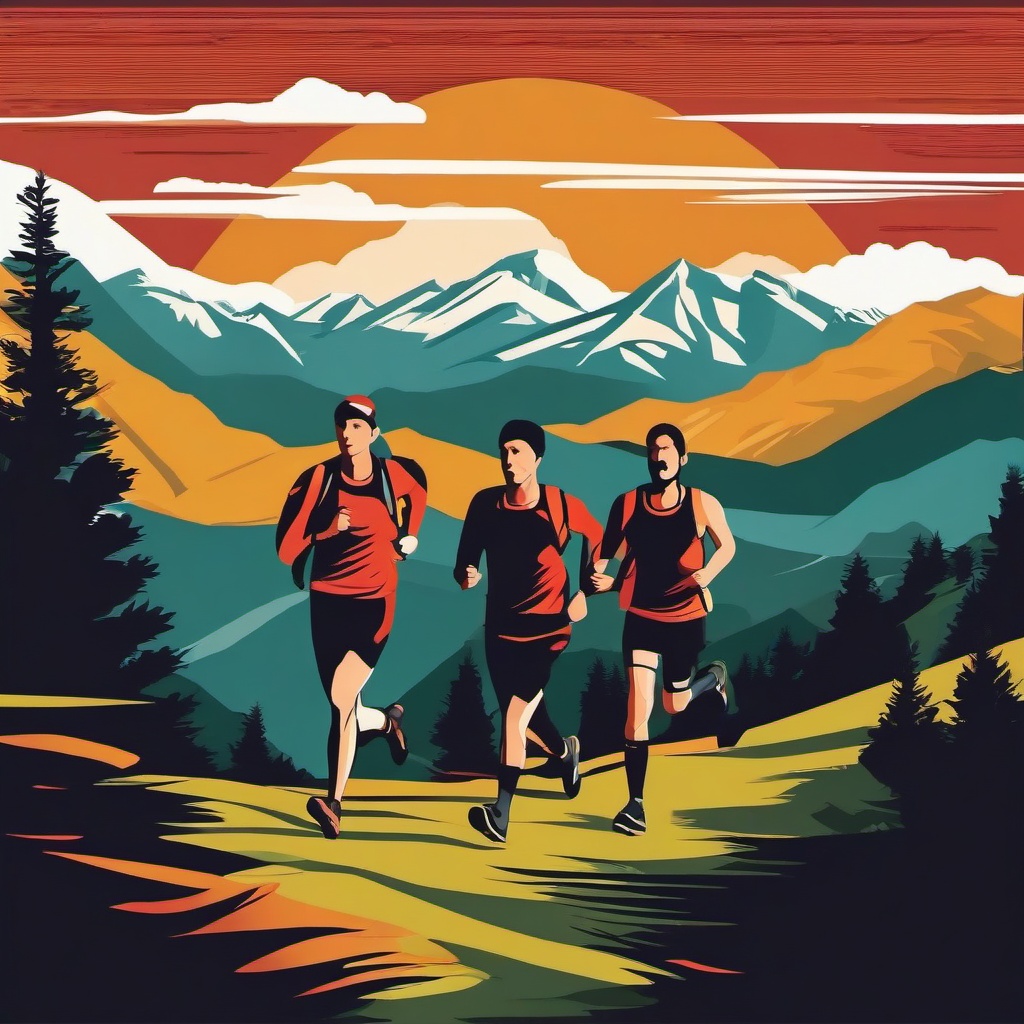 Trail Running in Mountain Terrain Clipart - Trail runners conquering rugged mountain terrain.  color vector clipart, minimal style