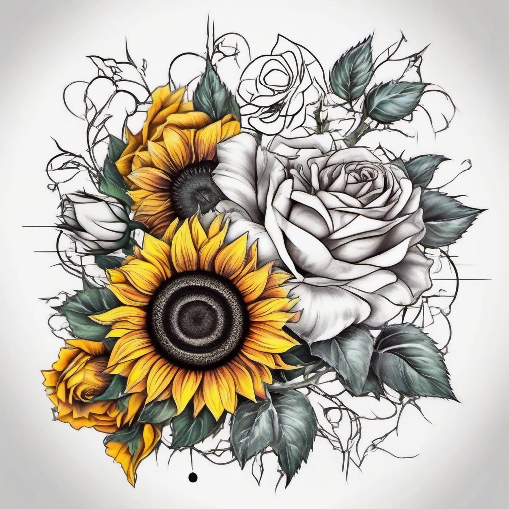 Sunflower and rose tattoo, Creative tattoos that blend the iconic sunflower with the elegance of roses.  vivid colors, white background, tattoo design  ,tattoo design, white background