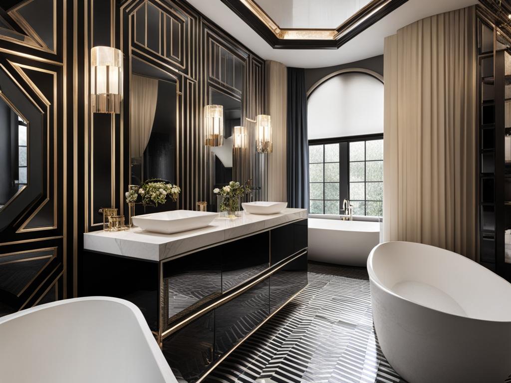 art deco bathroom with geometric tiles and mirrored accents. 