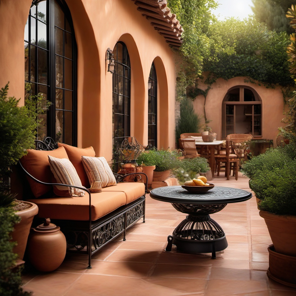 Mediterranean Patio Escape - Mediterranean patio escape with terra cotta tiles and wrought-iron furniture. realistic, professional photography, bokeh, natural lighting, canon lens, shot on dslr 64 megapixels sharp focus