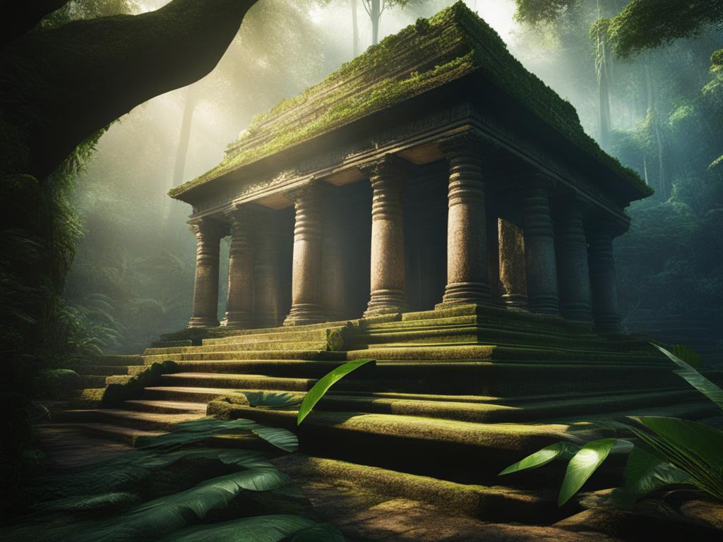 Ancient temple hidden deep within a jungle, ray tracing, hyper-detailed, professional photography
