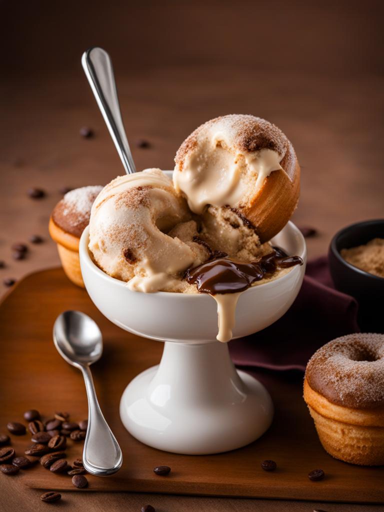 scoop of velvety coffee and donut ice cream, featuring chunks of glazed donut and a coffee swirl. 