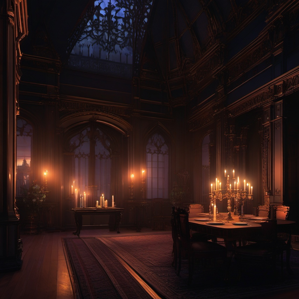 Gothic mansion candlelit interior. anime, wallpaper, background, anime key visual, japanese manga