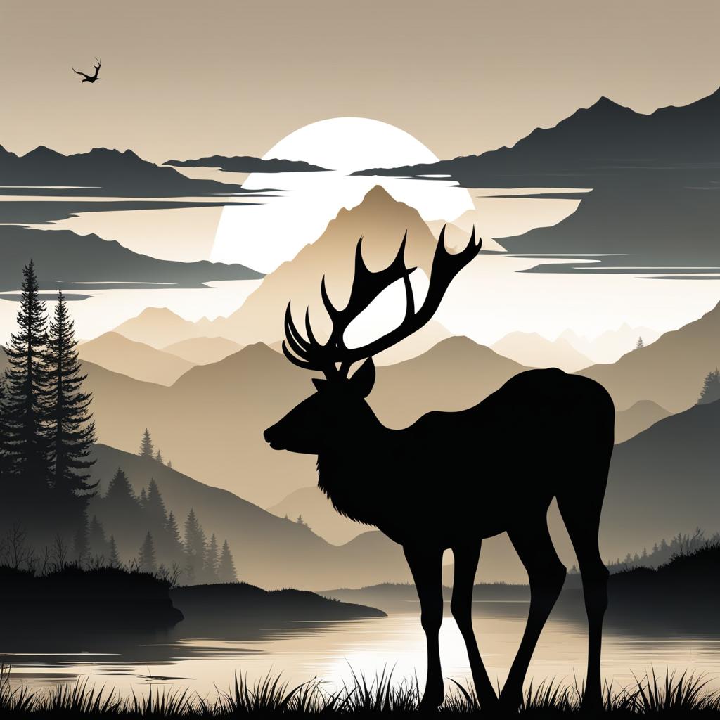 deer clipart - a majestic deer, with antlers that silhouette against a serene mountain backdrop 