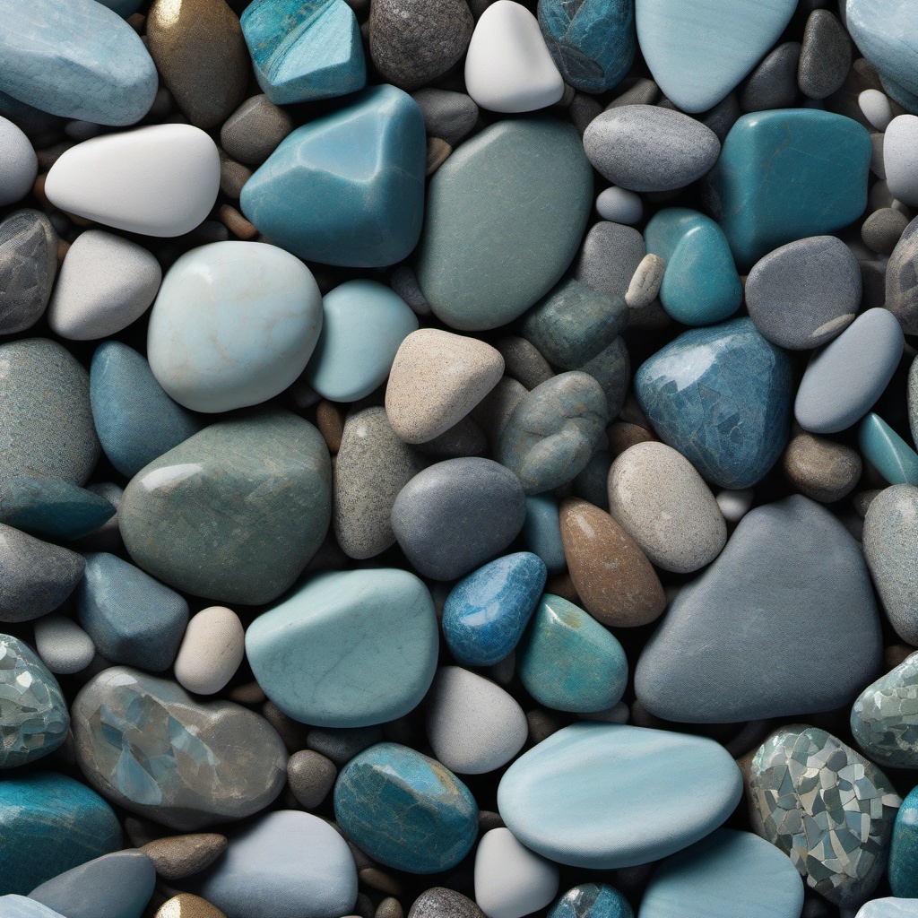 Rocks featuring an intricate mosaic in cool, coastal hues top view, product photoshoot realistic background, hyper detail, high resolution