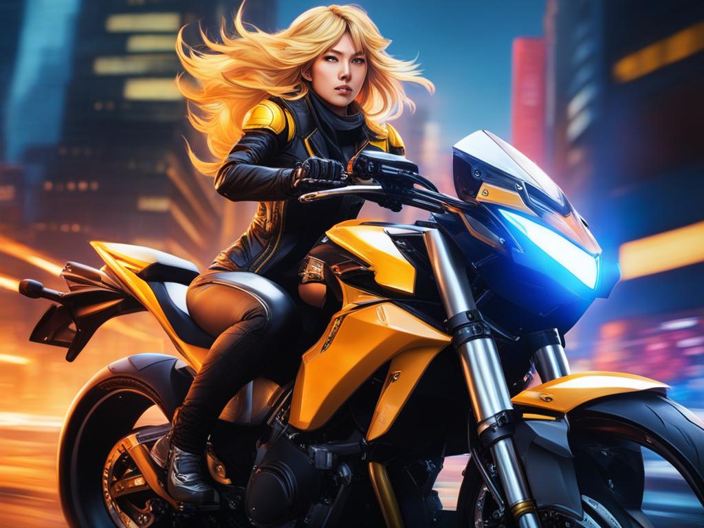 yang xiao long,participating in an exhilarating high-speed race atop her motorcycle,a futuristic cityscape hyperrealistic, intricately detailed, color depth,splash art, concept art, mid shot, sharp focus, dramatic, 2/3 face angle, side light, colorful background