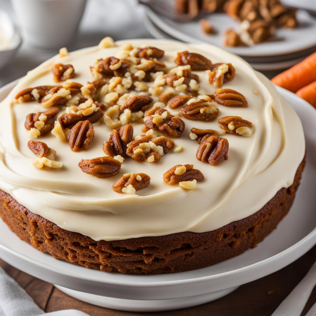 carrot cake topped with cream cheese frosting and walnuts. 