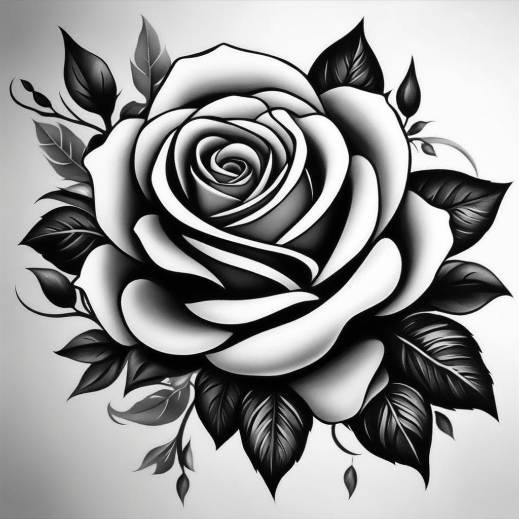 Black and grey rose tattoo, Elegant and bold rose tattoos in black and grey ink.  vivid colors, white background, tattoo design