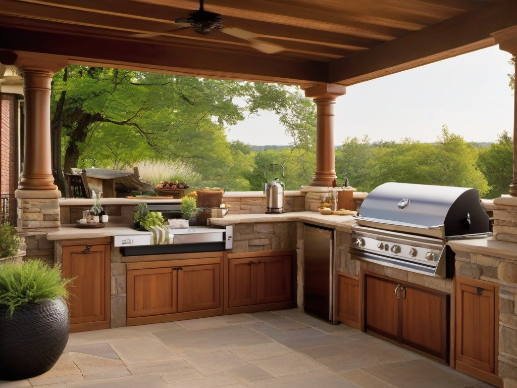 Colonial outdoor kitchen features classic wooden furniture, warm colors, and simple decor that provide a cozy and timeless environment for alfresco dining.  