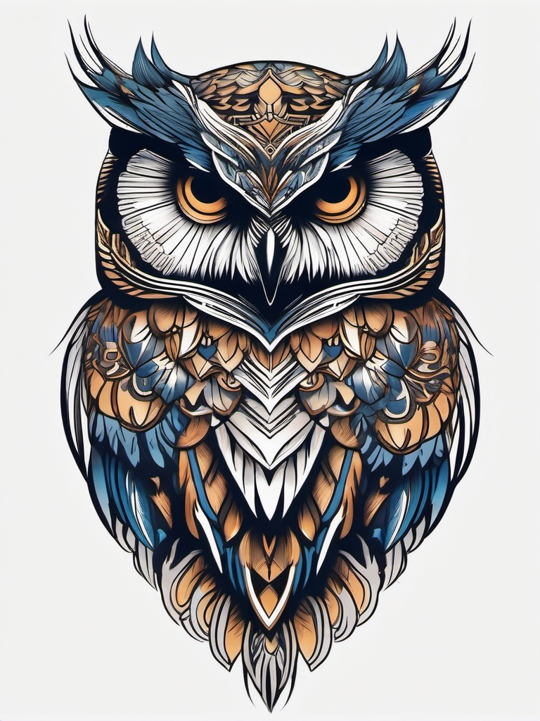 Regal owl tattoo in majestic flight, exuding strength.  color tattoo style, minimalist design, white background