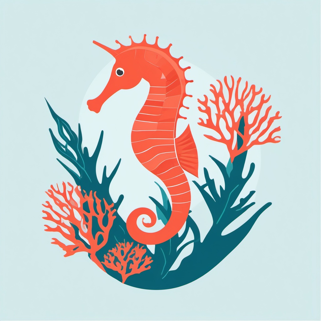 Perched Seahorse Clip Art - A seahorse perched on coral,  color vector clipart, minimal style