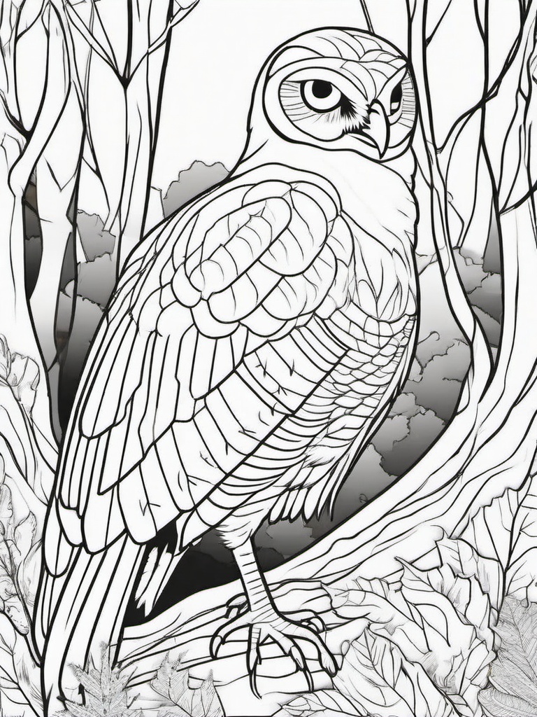 Turkey and Owl Coloring Pages - Turkey and Owl in Autumn Woods  minimal black outline printable sheet, coloring page