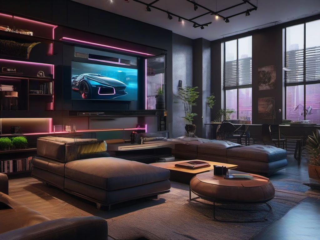 In the loft, cyberpunk interior design incorporates modern furnishings, dynamic decor, and tech-savvy elements that create a lively and inviting open-concept living space.  