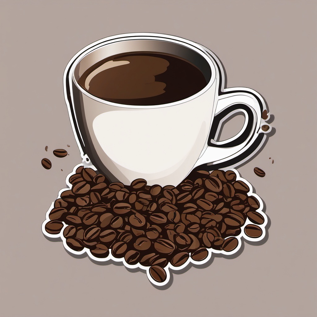 Coffee Beans and Cup Sticker - Scattered coffee beans surrounding a coffee cup, ,vector color sticker art,minimal