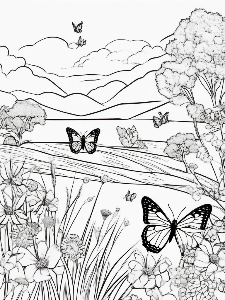 Butterfly Picnic Coloring Pages - Butterflies Enjoying a Picnic in Nature  minimal black outline printable sheet, coloring page