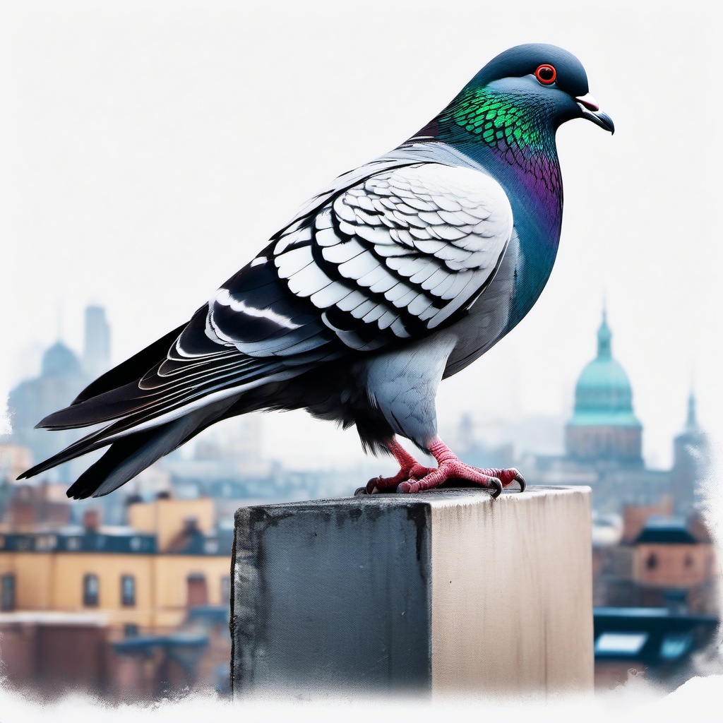 Pigeon Tattoo - Pigeon perched on the edge of a city rooftop  color tattoo design, clean white background